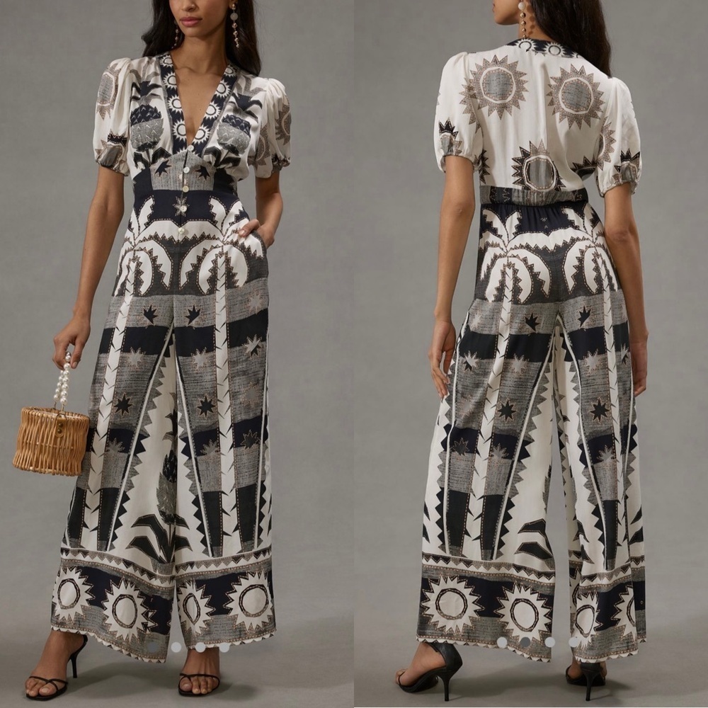 Farm Rio Puff Sleeve Linen Jumpsuit Black & White Sun Palm Tree Tropical
